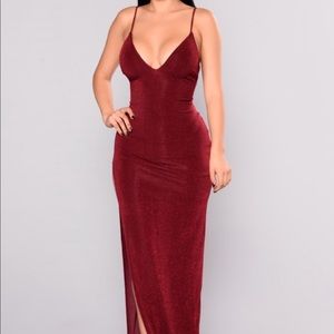 Maxi red high slit deep plunge dress